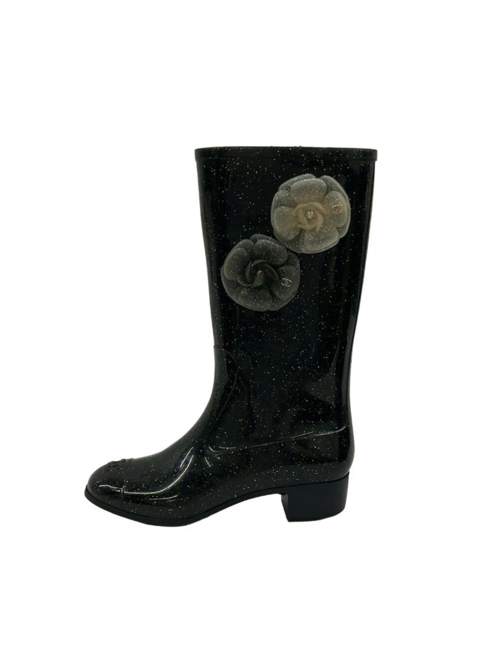 Chanel Rain Boots Black Camellia
